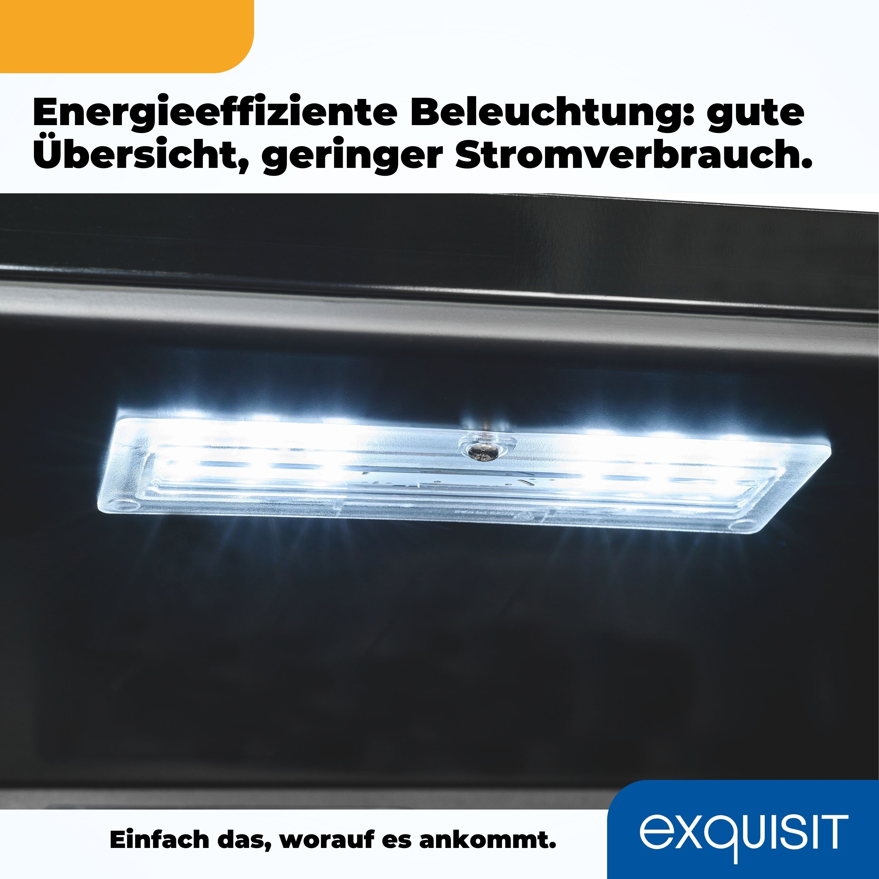 LED-Leuchte auf schwarzer Oberfläche mit deutschem Text.