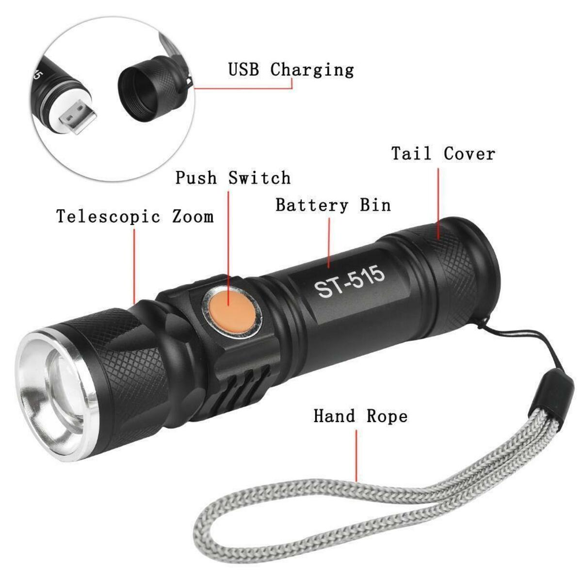 Schwarze Taschenlampe mit beschrifteten Teilen, USB-Aufladung und Handschlaufe.