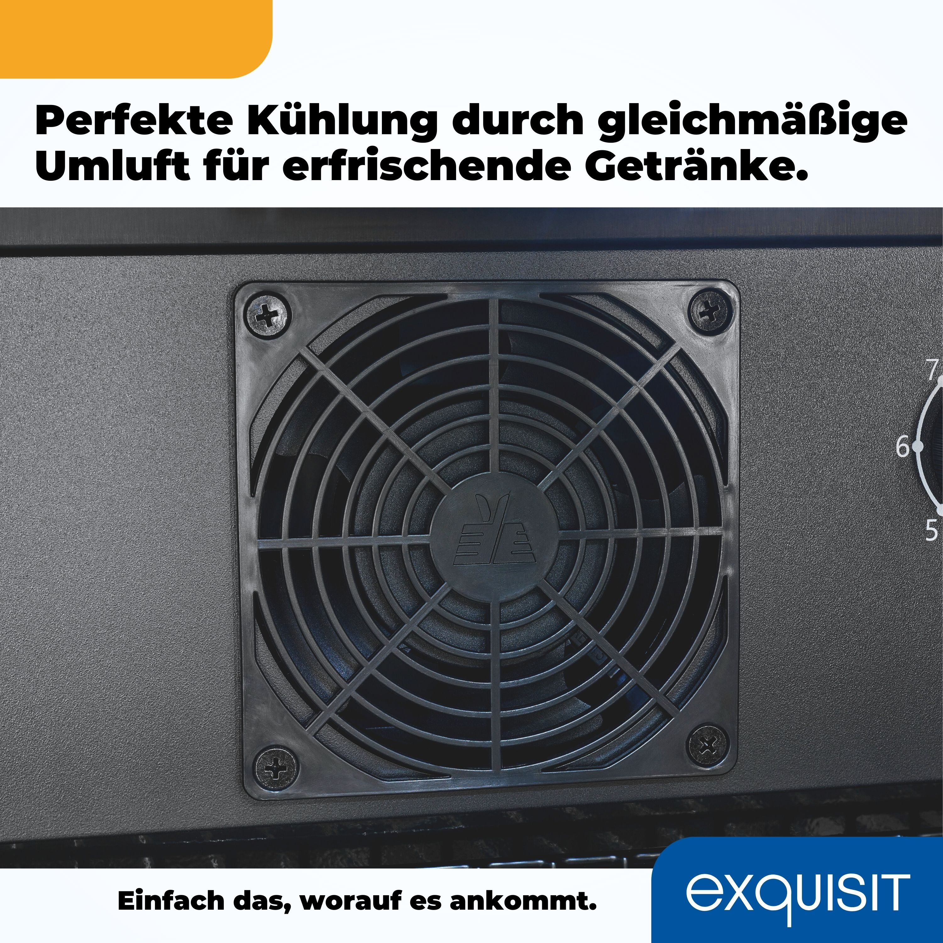 Nahaufnahme eines schwarzen Lüfters in einem schwarzen Gerät. Der Lüfter ist von schwarzen Paneelen umgeben.