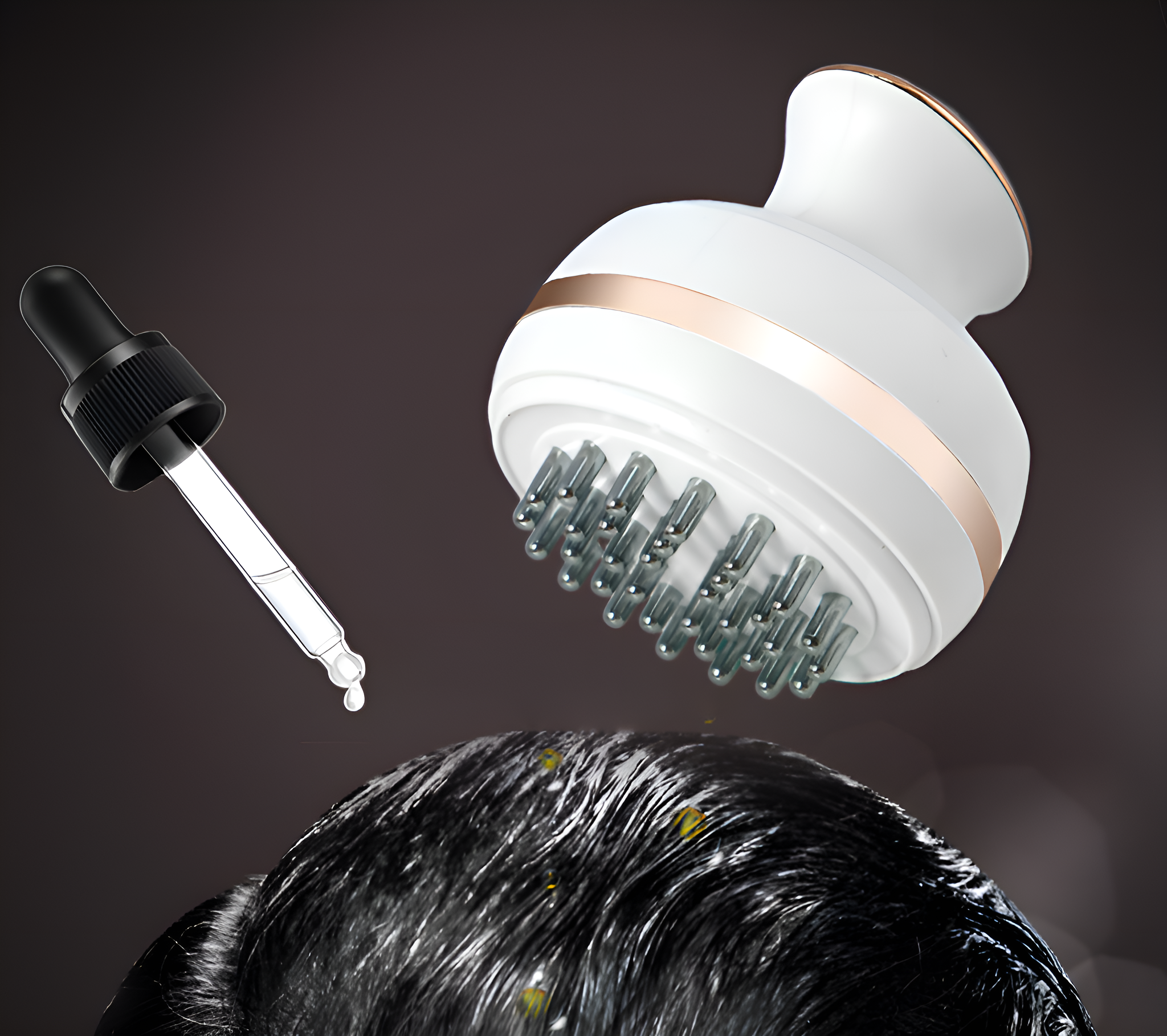 Ein weißer Kopfhautmassagegerät mit einer Pipette und mit Öl bedecktem Haar.