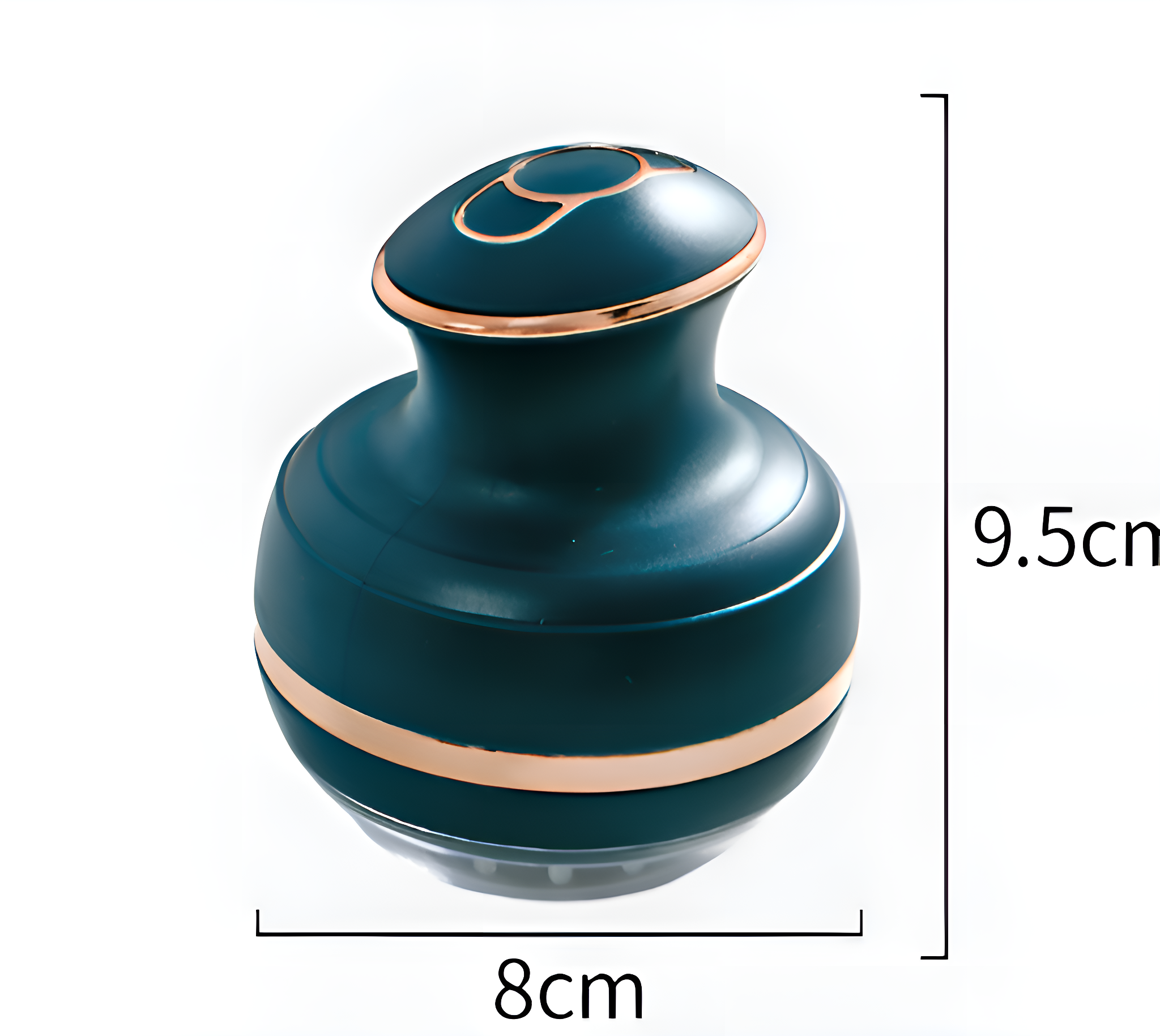 Ein türkisfarbener Kopfmassagegerät mit goldenen Akzenten, Abmessungen 8cm x 9,5cm. Der Hintergrund ist weiß.
