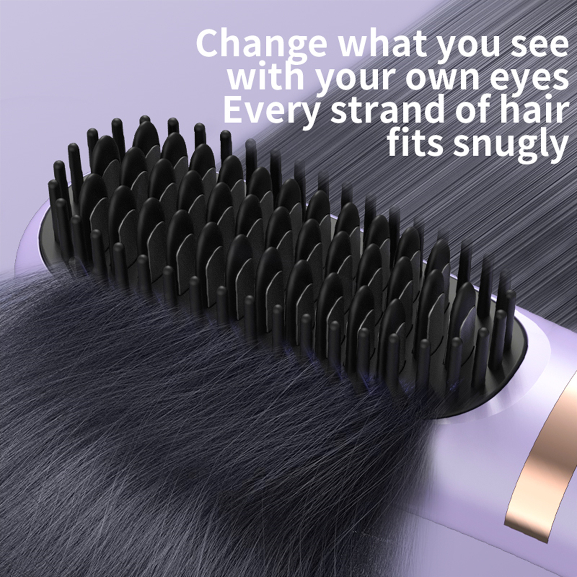 Eine schwarze Haarbürste bürstet graues Haar. Text über das Sehen mit eigenen Augen.