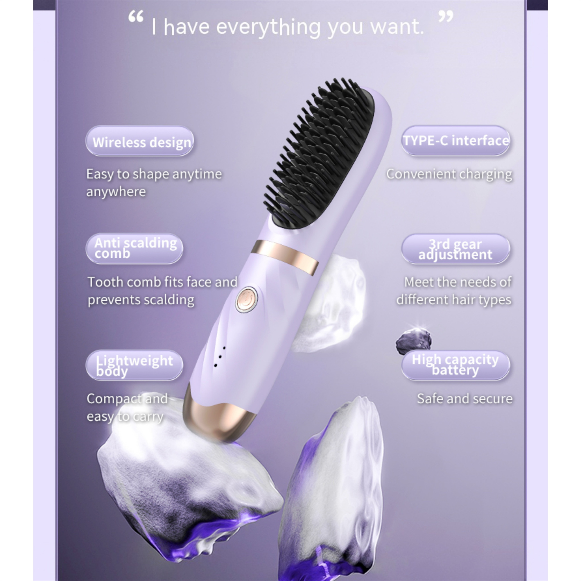 Eine Haarglättungsbürste mit kabellosem Design, Anti-Verbrühungs-Kamm und Hochleistungsbatterie.
