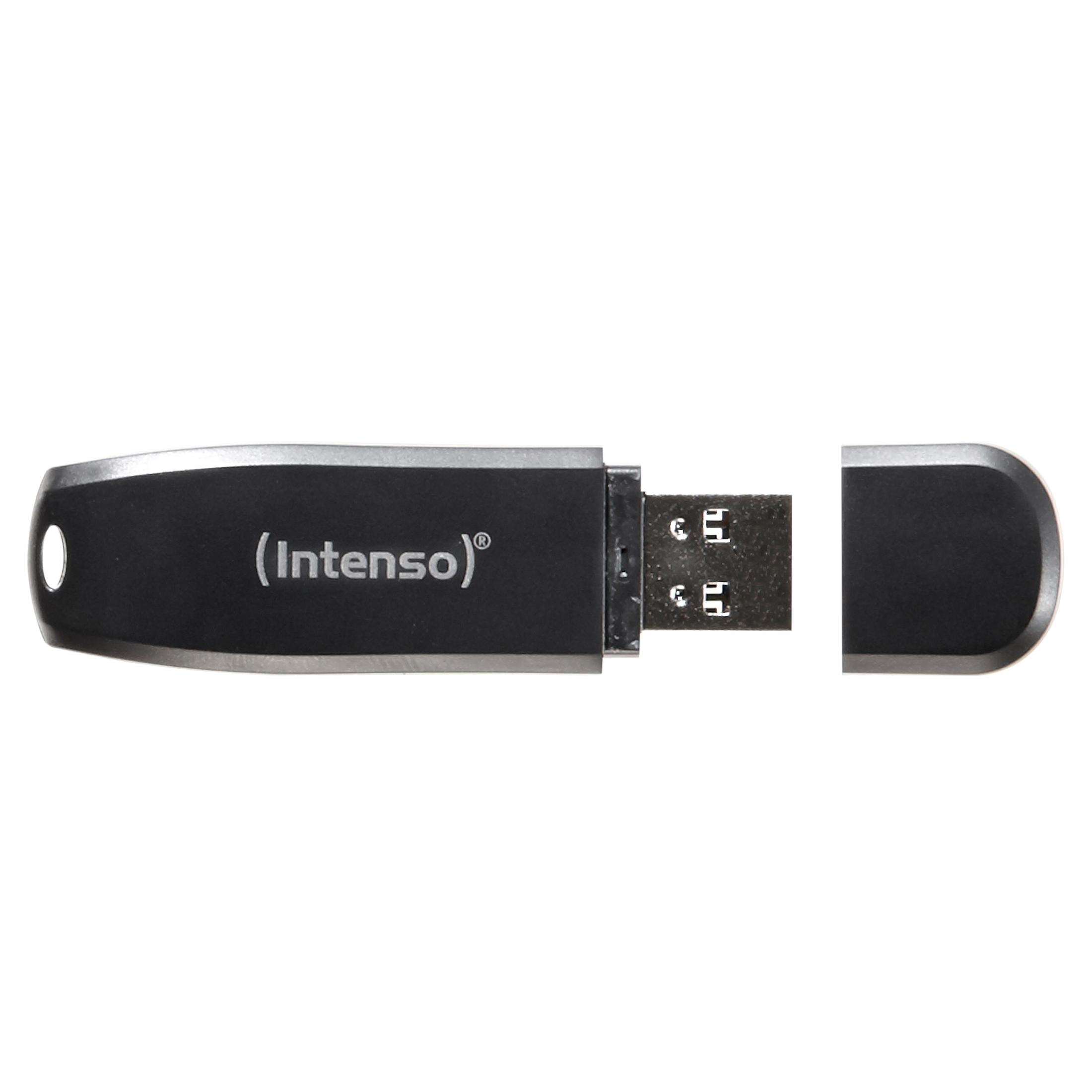 Schwarzer USB-Stick mit sichtbar eingeprägtem Markennamen (Intenso), Abdeckung geöffnet.