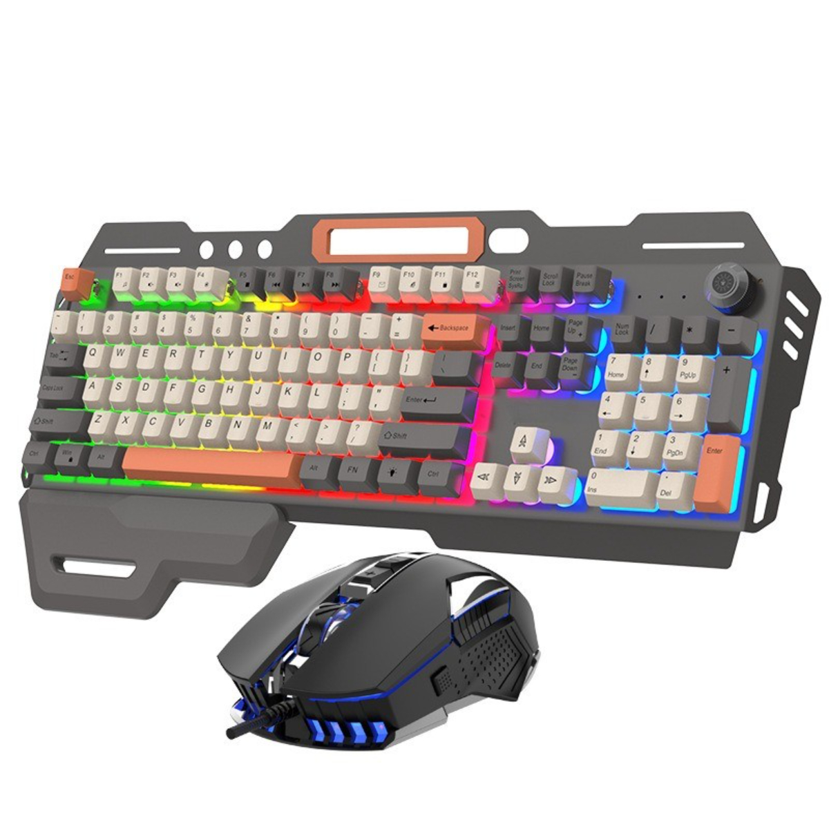 Gaming-Tastatur- und Maus-Set, dunkelgrau, hintergrundbeleuchtete Tasten, Maus mit blauen Lichtern.