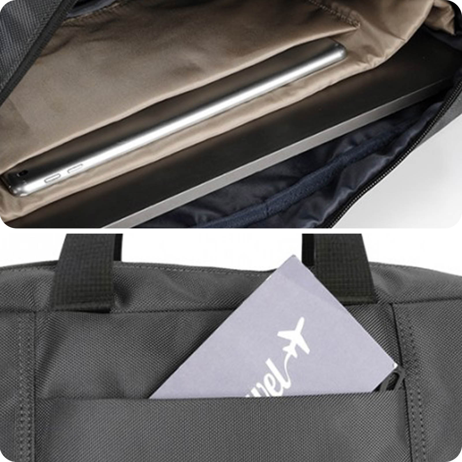Schwarze Laptoptasche. Innen ein Laptop und Tablet. Reisepass in der Tasche.