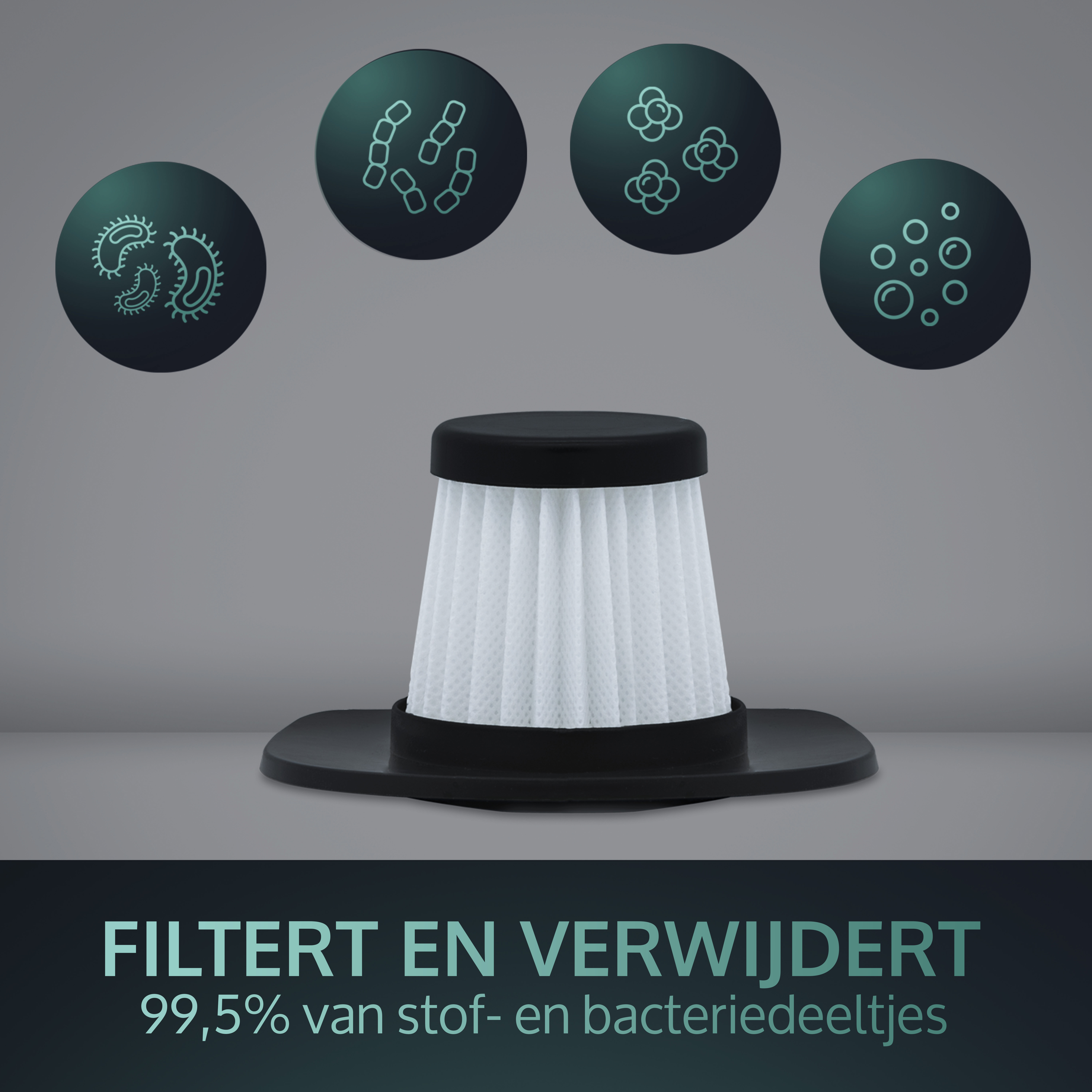 Filter with icons of bacteria. Text says 'Filters and removes 99.5% of dust and bacteria particles'.