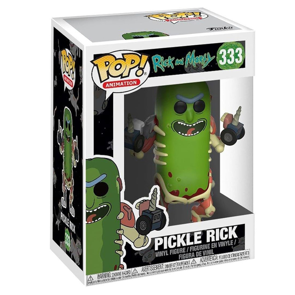 Pickle Rick Figur von Rick and Morty in einer Box, mit POP!-Logo und Figurdetails.