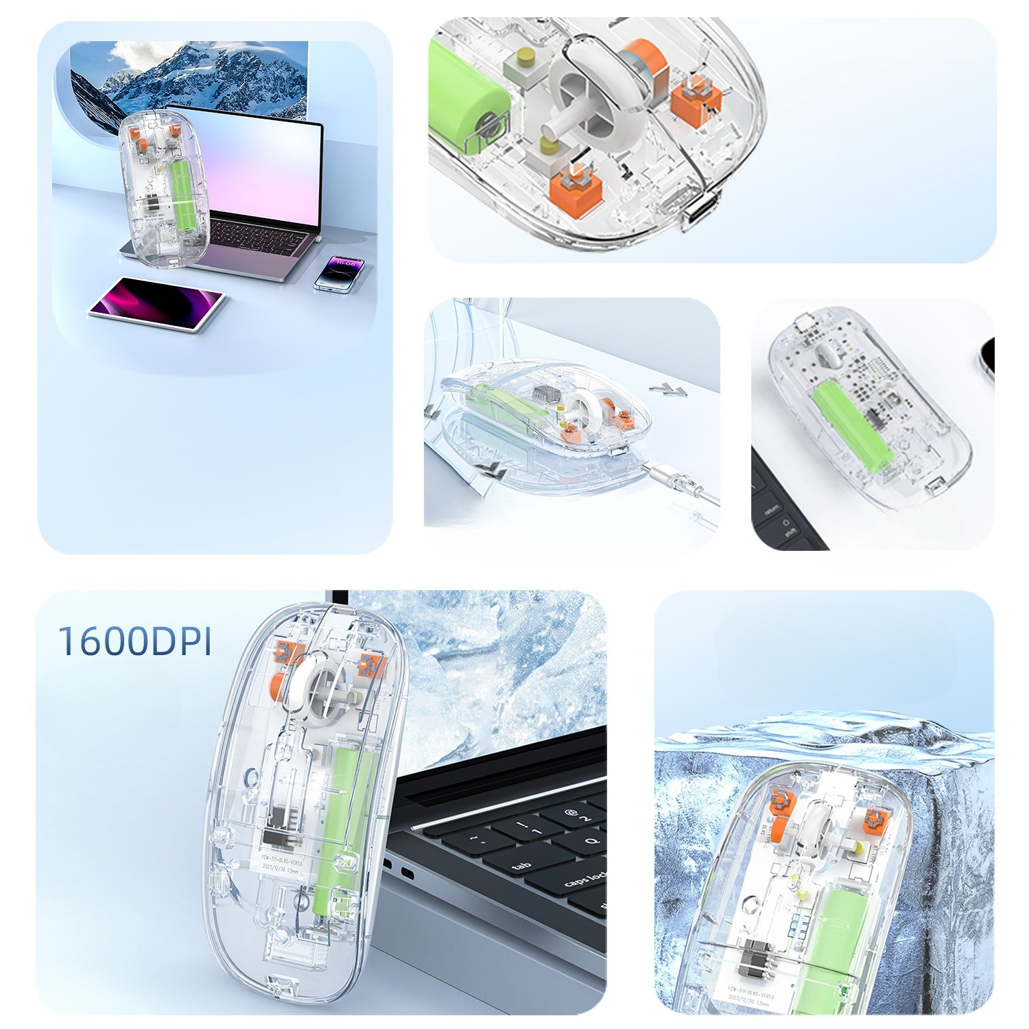 Transparente Computermaus mit Innenkomponenten, Batterie und Tasten. Mehrere Ansichten.