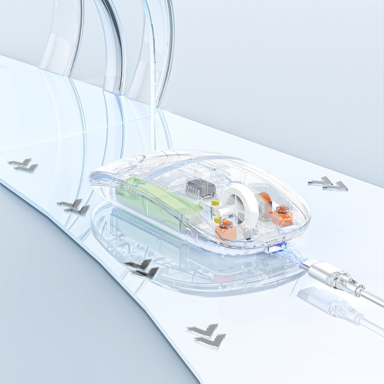 Transparente Computermaus mit sichtbaren internen Komponenten und angeschlossenem USB-Kabel.