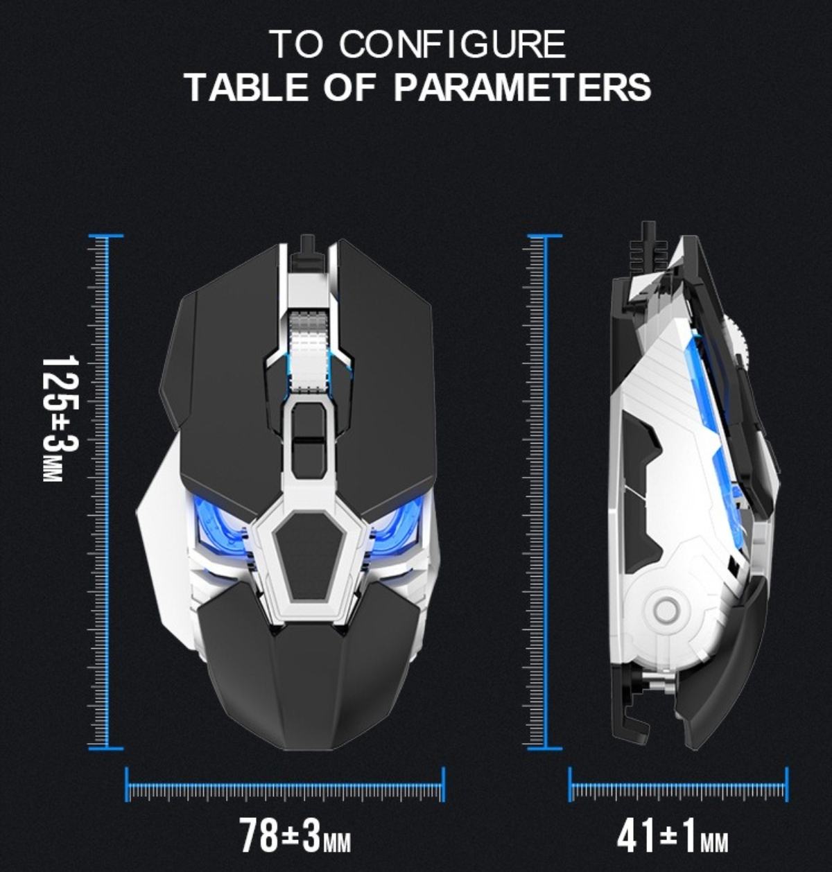 Diagramm einer schwarzen Gaming-Maus mit Abmessungen. Enthält Draufsicht und Seitenansicht mit Messungen.