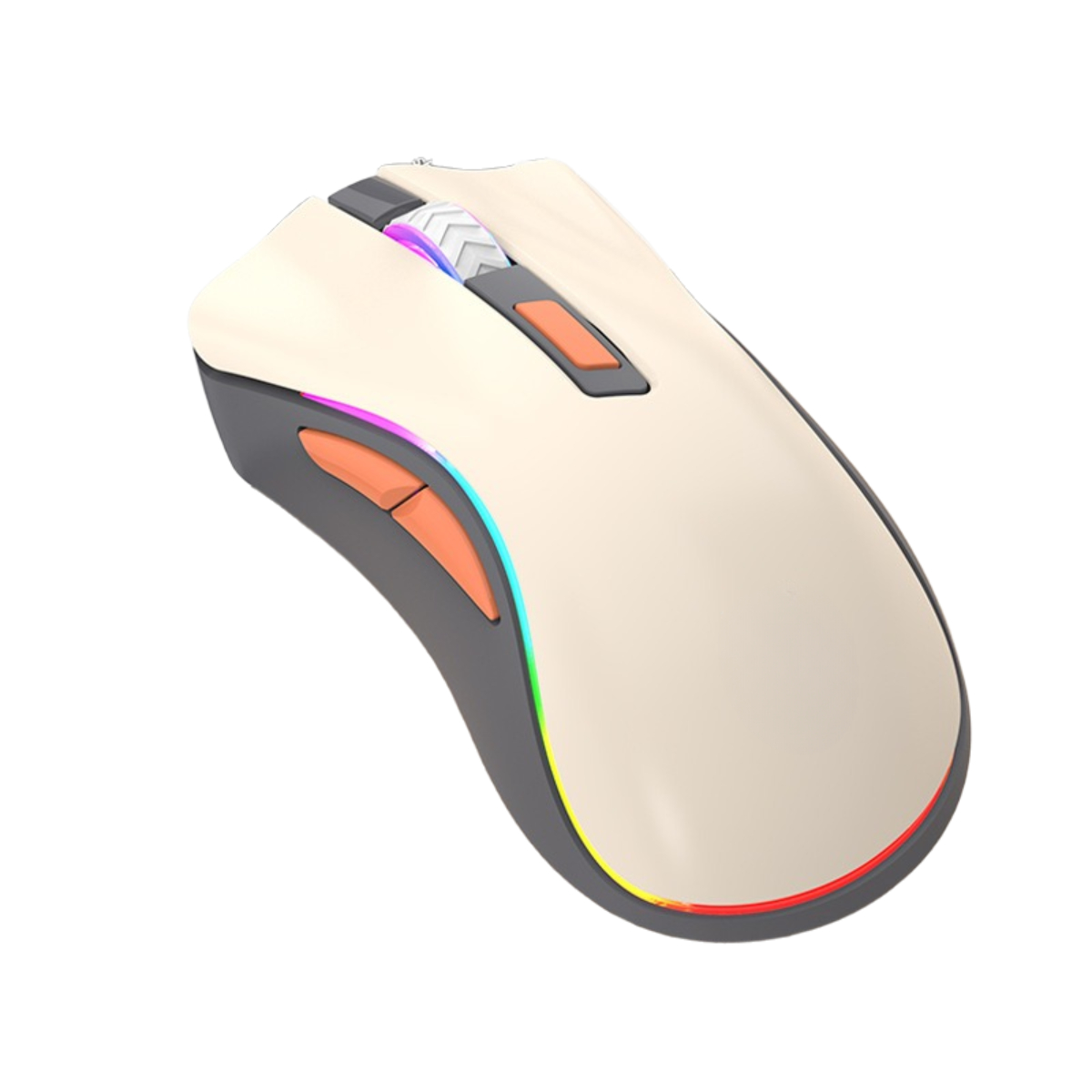 Eine cremefarbene Maus mit orangefarbenen Tasten und einem beleuchteten, mehrfarbigen Scrollrad.