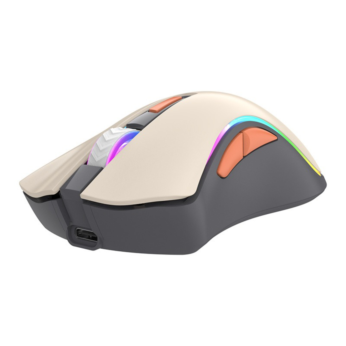 Eine Computermaus mit weißer Oberseite und orangefarbenen Tasten. Es hat ein farbenfrohes Licht.