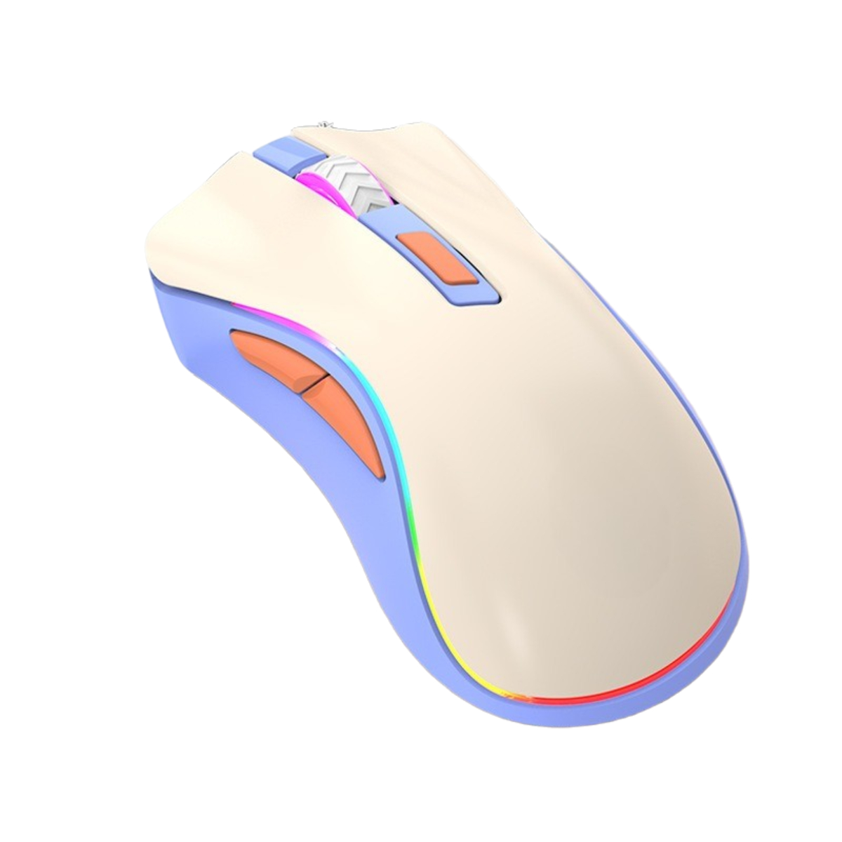 Eine weiße und blaue Gaming-Maus. Sie hat orangefarbene Seitentasten und ein Scrollrad.