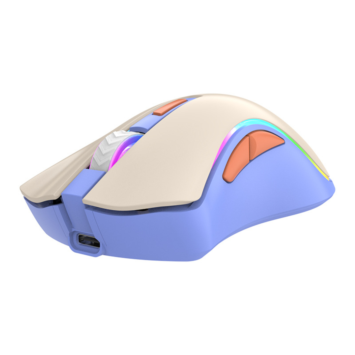 Eine mehrfarbige Gaming-Maus. Sie hat eine hellbeige Oberseite, orangefarbene Seitentasten und einen blauen Körper.