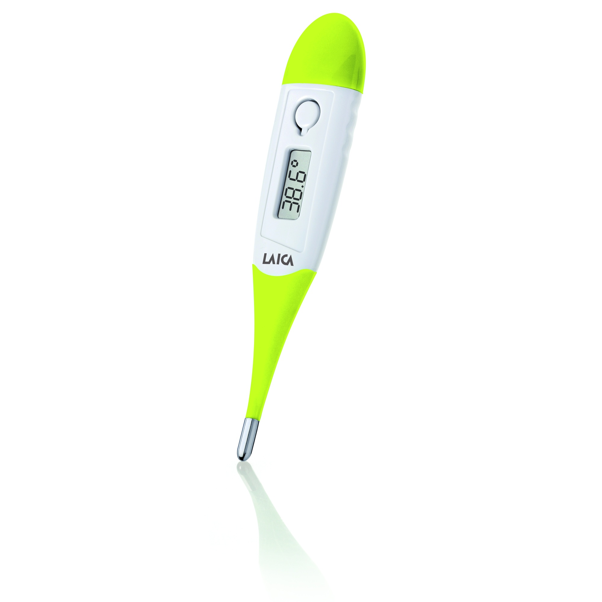 Ein grünes und weißes digitales Thermometer zeigt 38,6°C an, mit weißem Hintergrund und Spiegelung.