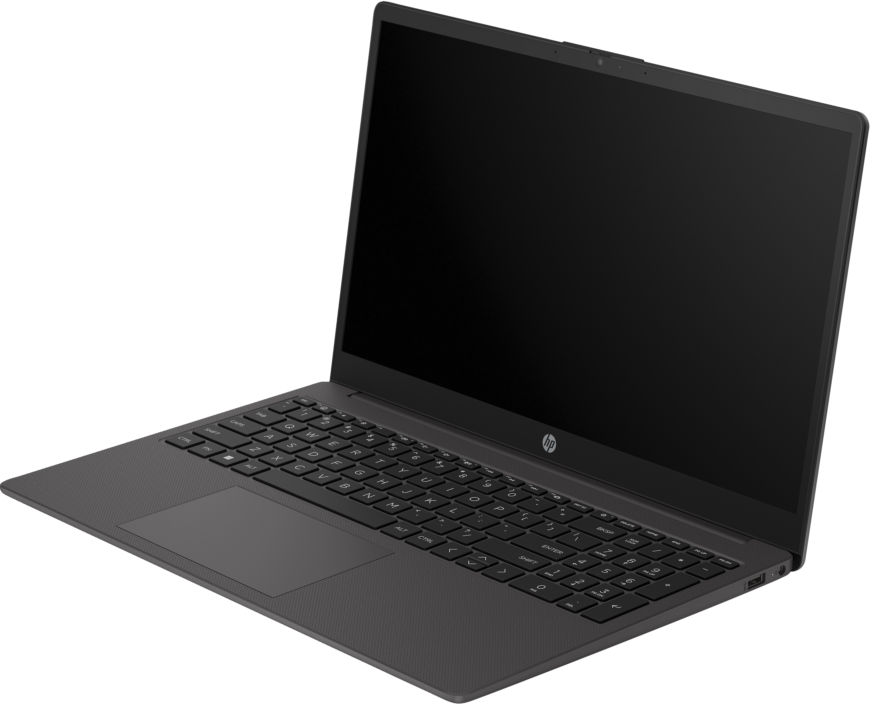 Un portátil gris oscuro con pantalla abierta y teclado negro.
