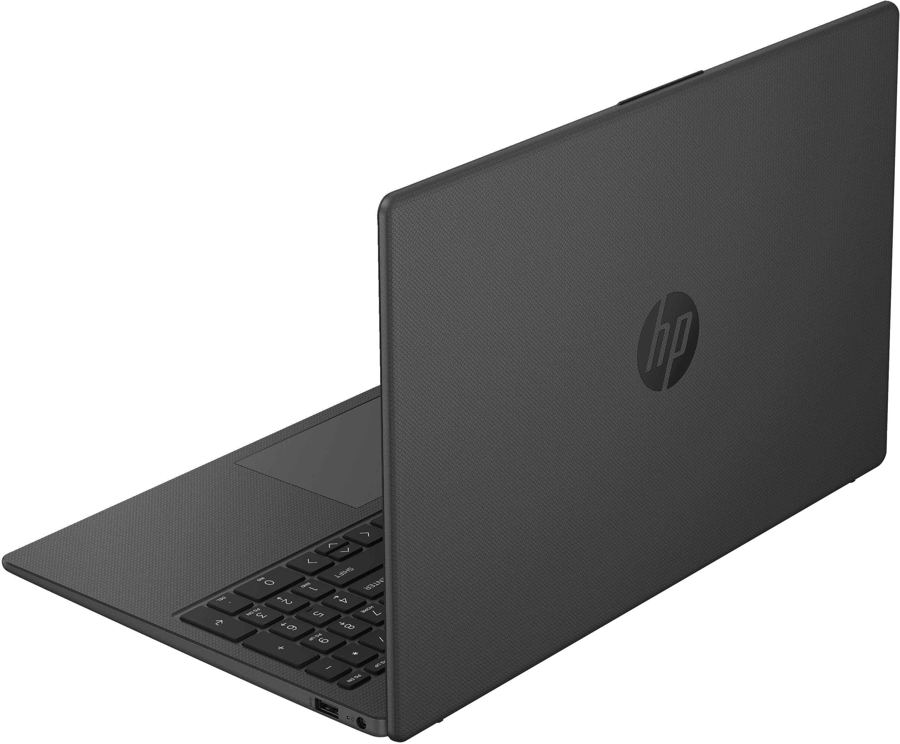 Laptop HP gris oscuro, abierto sobre fondo blanco, con logo HP visible.