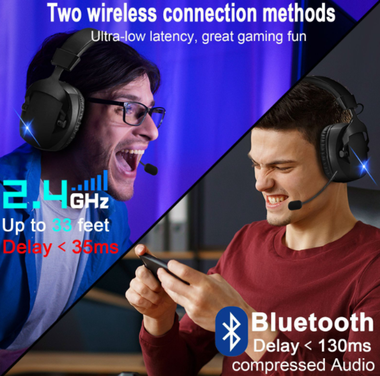 Zwei Personen mit Gaming-Headsets. Text: Zwei drahtlose Verbindungsmethoden. Bluetooth und 2,4 GHz.