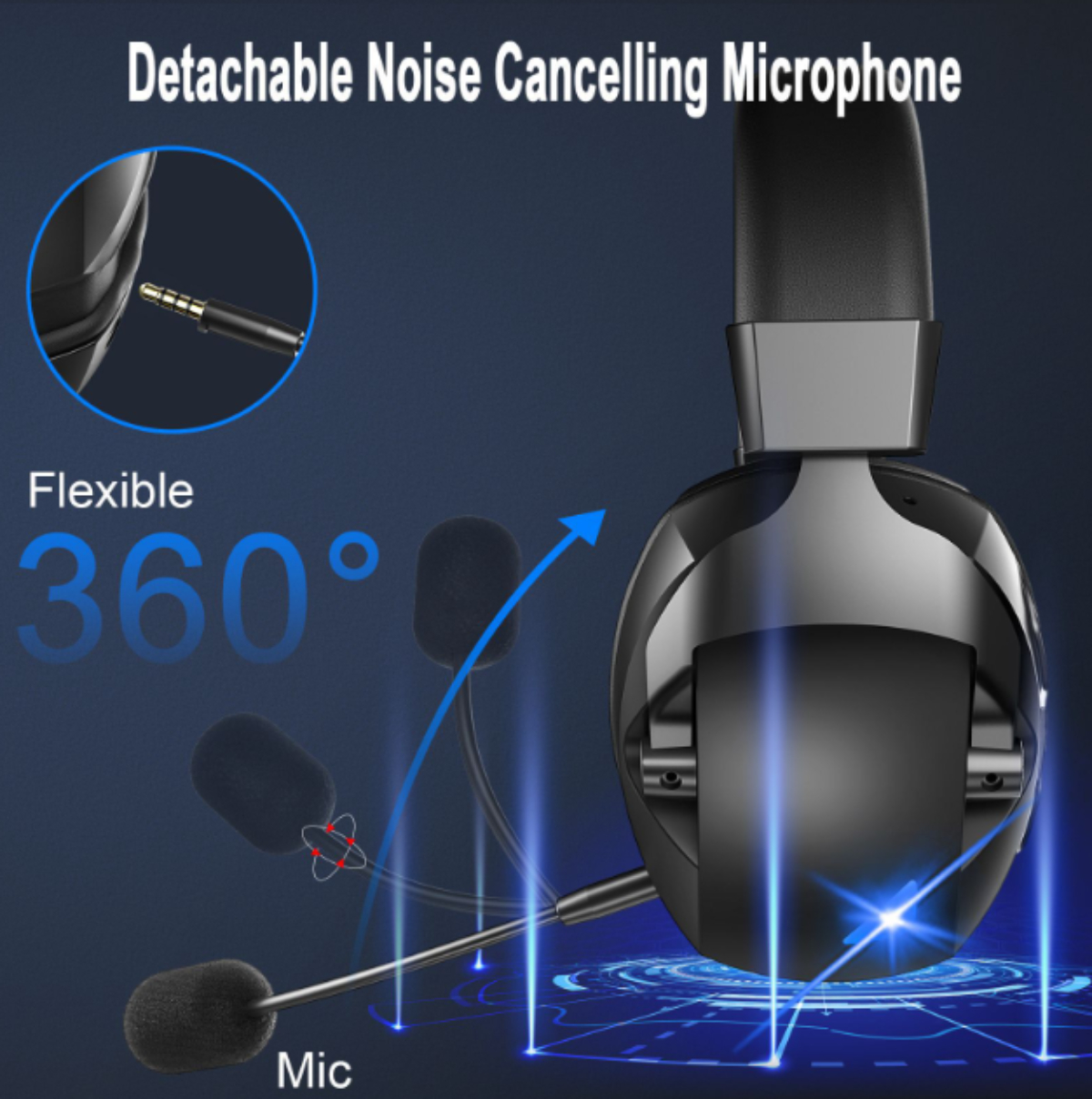 Ein schwarzes Headset mit abnehmbarem Noise-Cancelling-Mikrofon, mit blauem Hintergrund und Grafik.