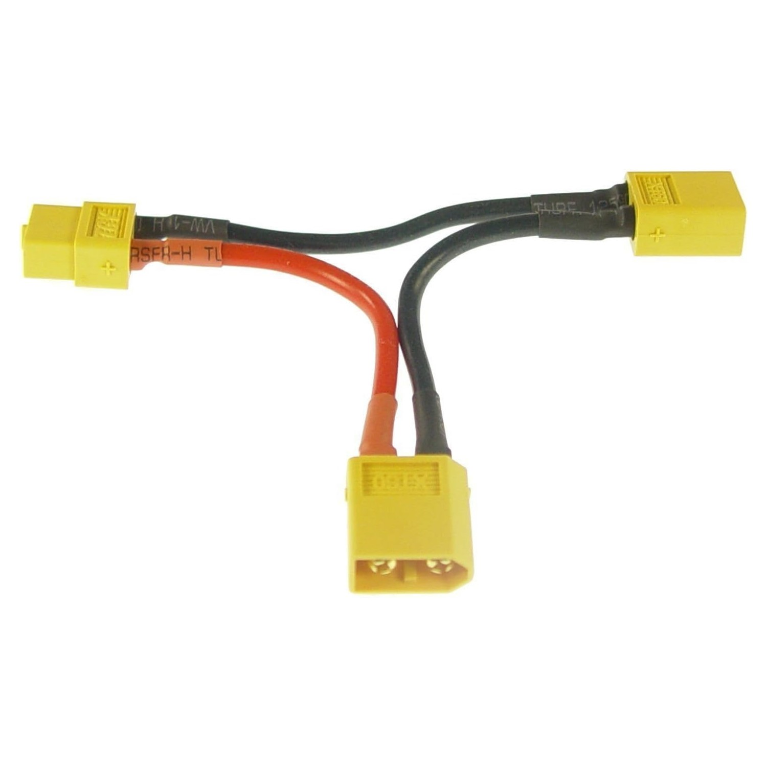 Y-förmiger gelber Stecker mit schwarzen und roten Drähten. Der Stecker teilt sich in drei Teile.
