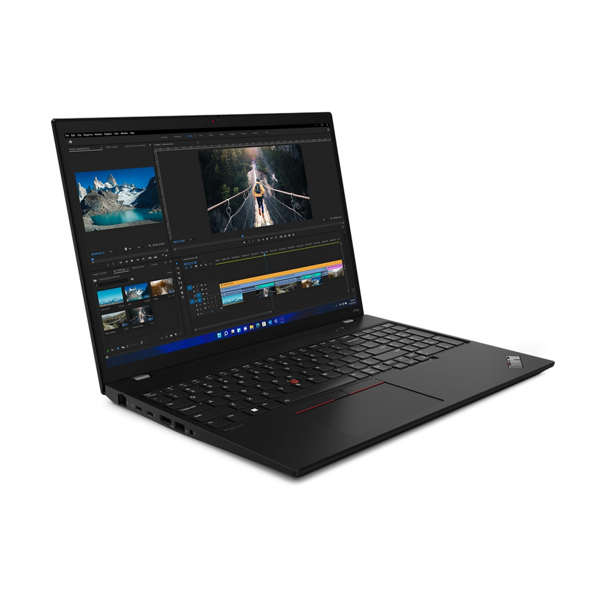 Schwarzer Laptop mit Bildschirm, der Videobearbeitungssoftware zeigt, geöffnet auf weißem Hintergrund.