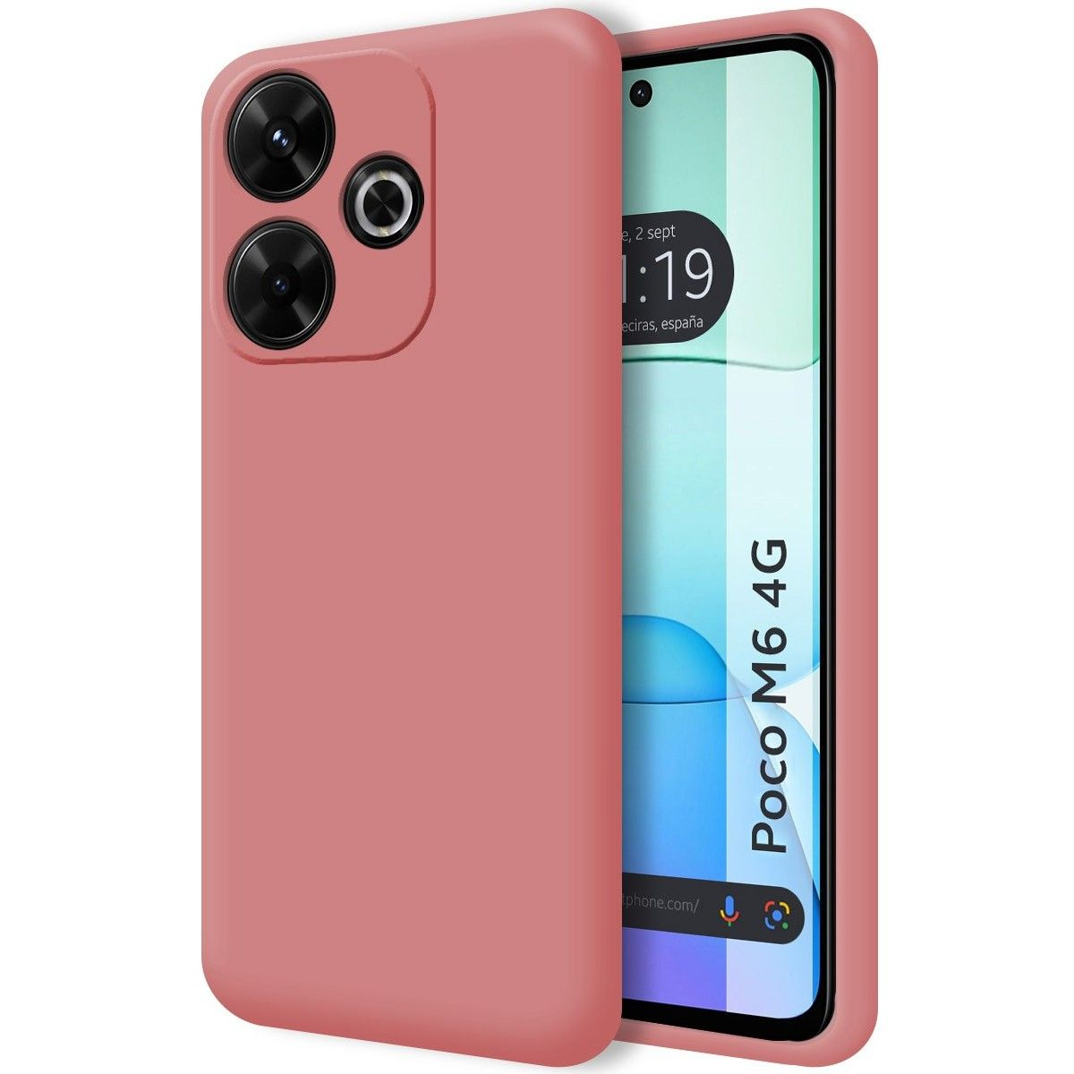 Una custodia rosa con un telefono dentro. Lo schermo del telefono è acceso.