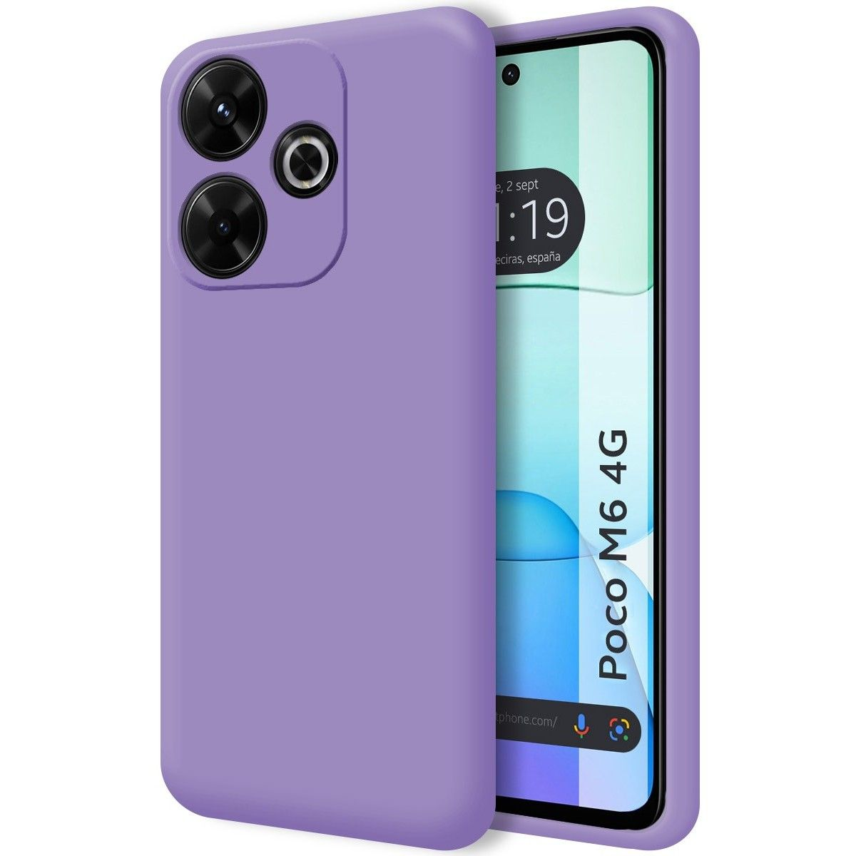 Telefono Poco M6 4G viola con una custodia viola.