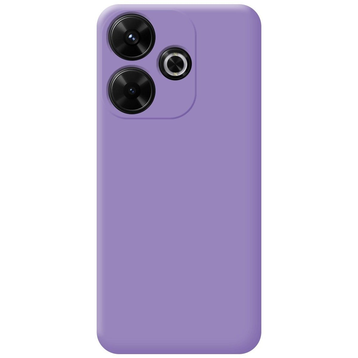 Custodia per telefono viola con tre obiettivi. Colore viola chiaro. Sfondo bianco.