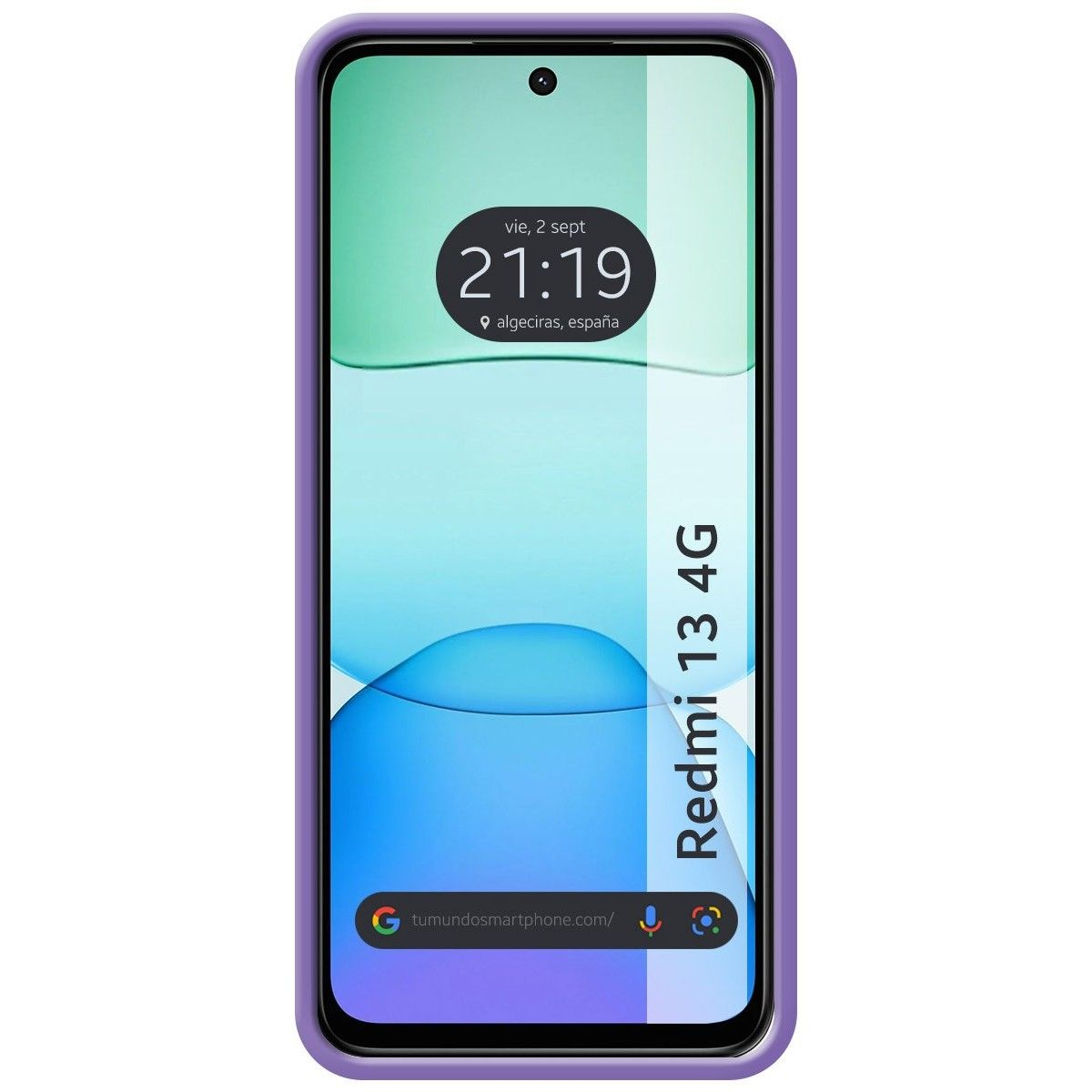 Smartphone con custodia viola e Redmi 13 4G mostra ora e data.