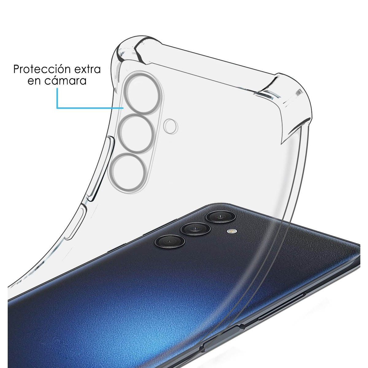 Un telefono con una custodia trasparente, che mostra la fotocamera. Il testo dice 'Protección extra en cámara'.
