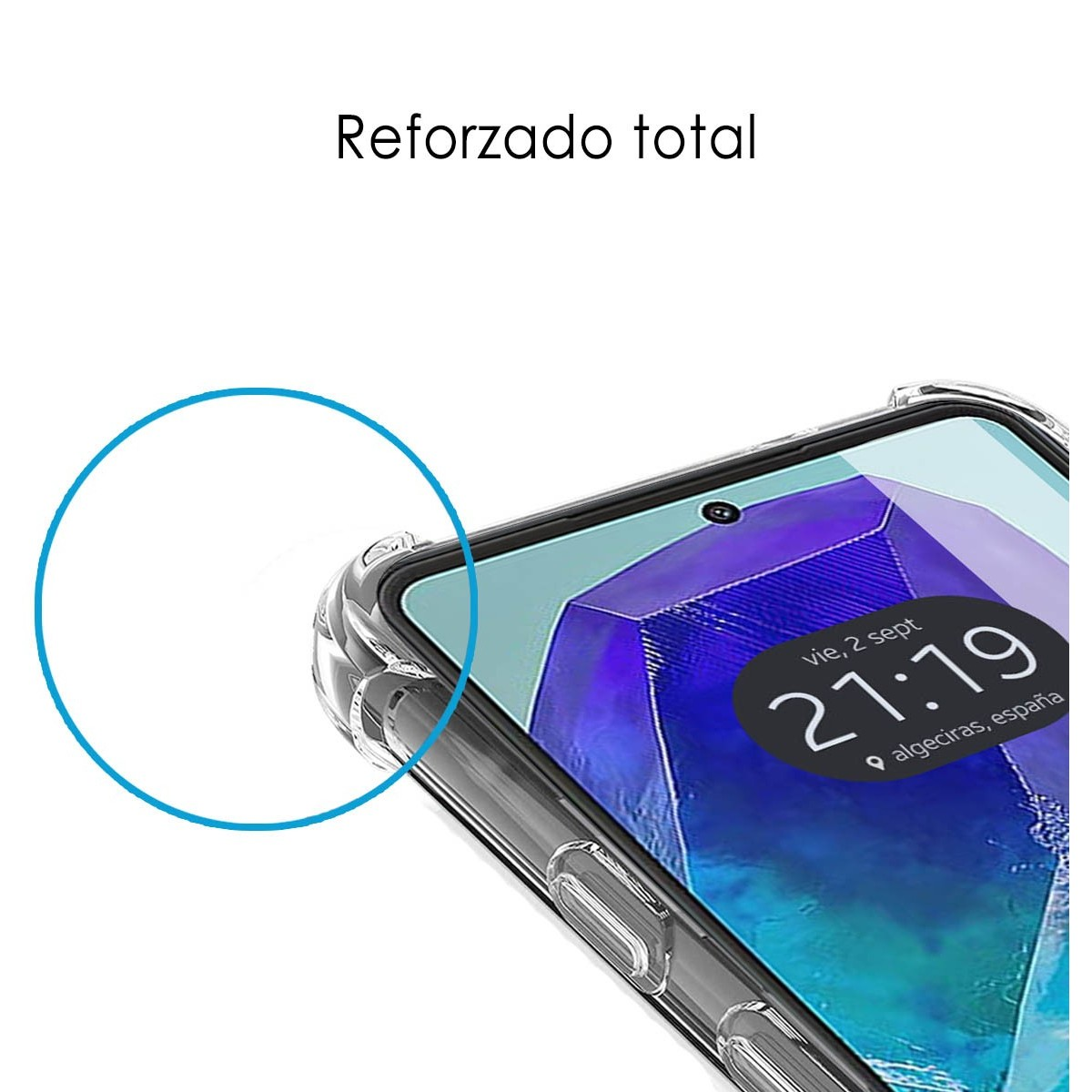 Primo piano di un telefono con protezione schermo. Lo schermo mostra l'ora e la data.