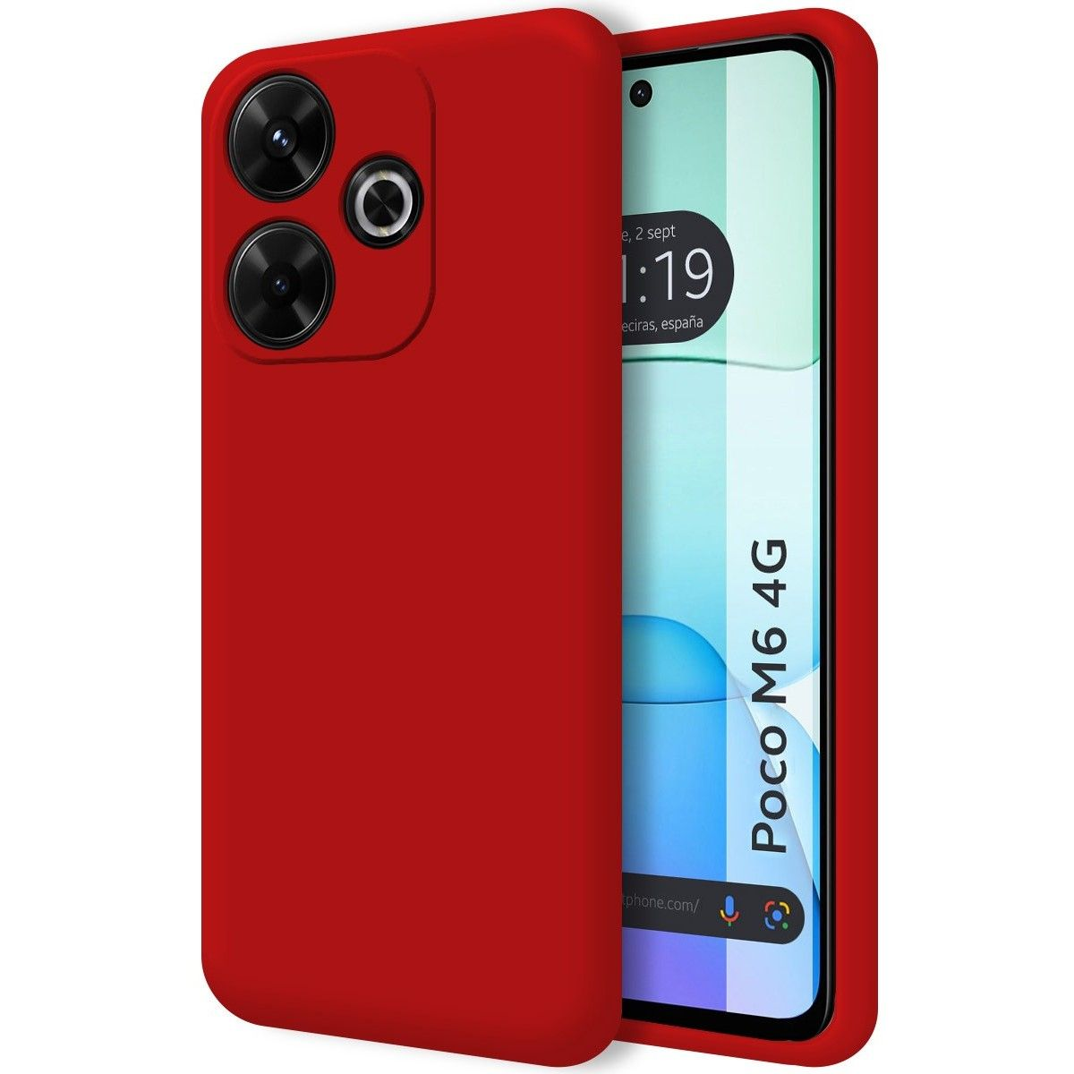 Una custodia per telefono rossa con un telefono che mostra uno schermo del telefono su sfondo bianco.
