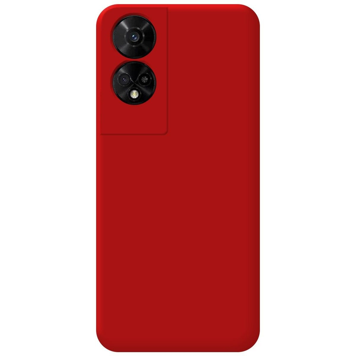 Custodia per telefono rossa con un modulo fotocamera su sfondo rosso.