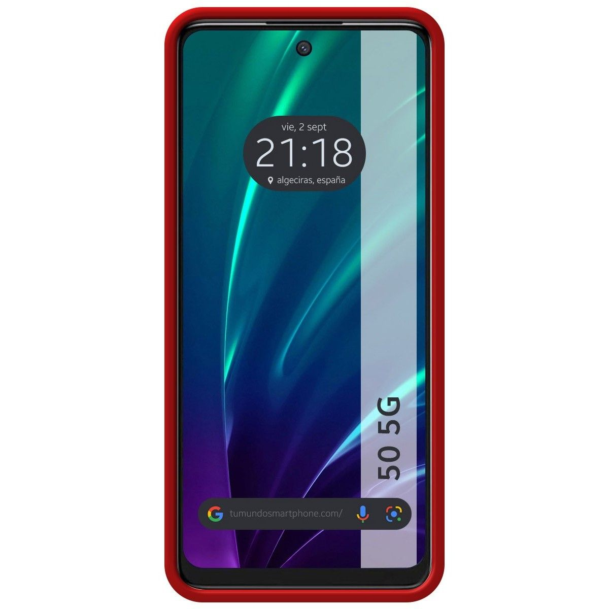 Smartphone rosso con custodia rossa. Lo schermo mostra l'ora e una barra di ricerca.