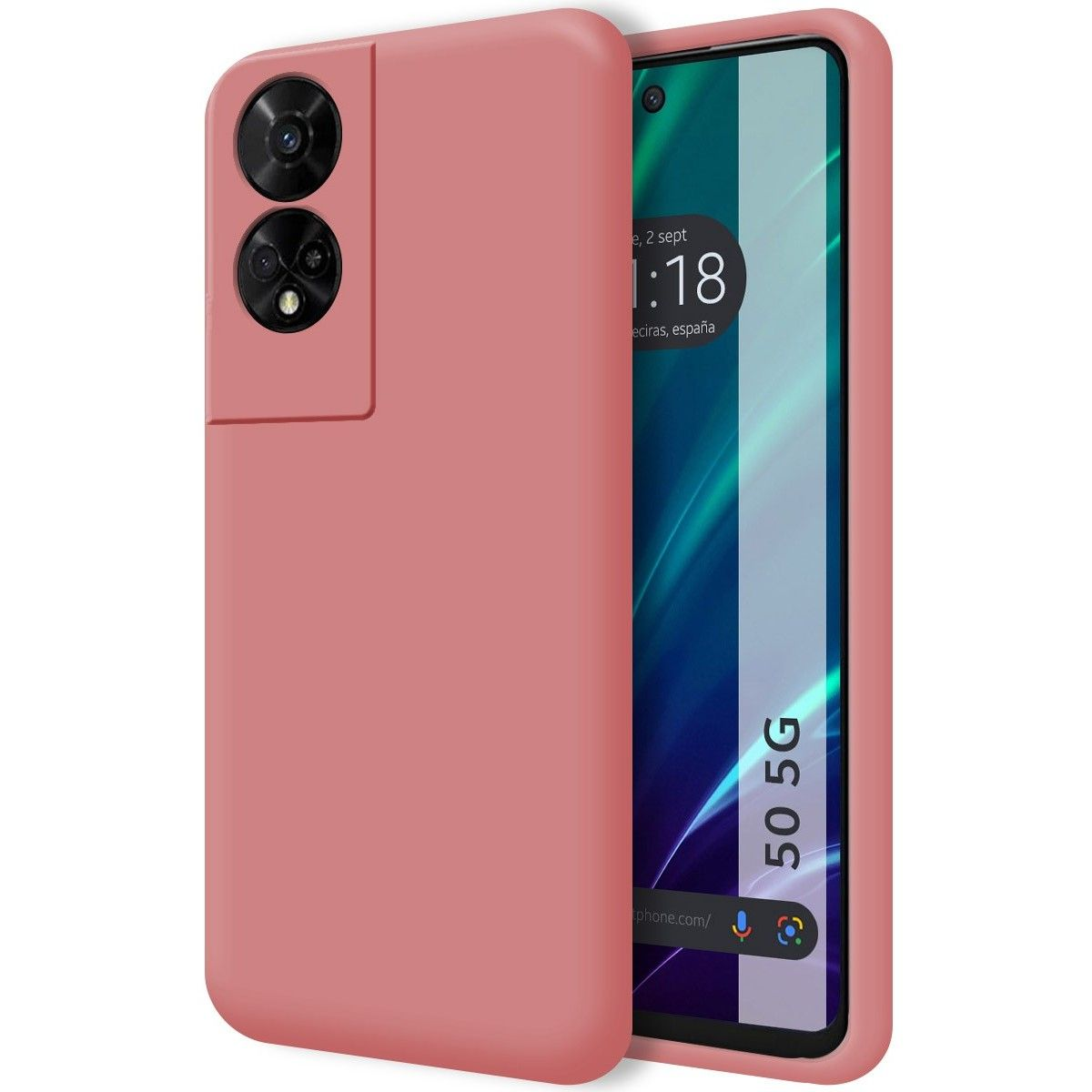 Smartphone rosa in una custodia abbinata, con lo schermo che mostra data e ora.