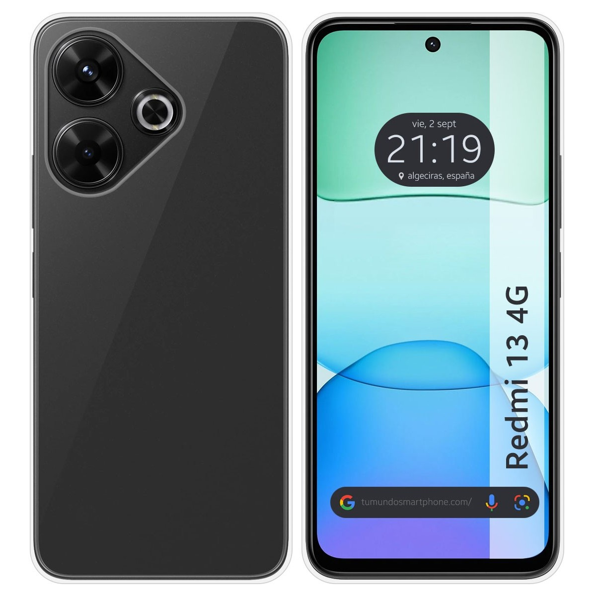 Telefono Redmi 13 4G con custodia nera, che mostra l'ora e la data sullo schermo.
