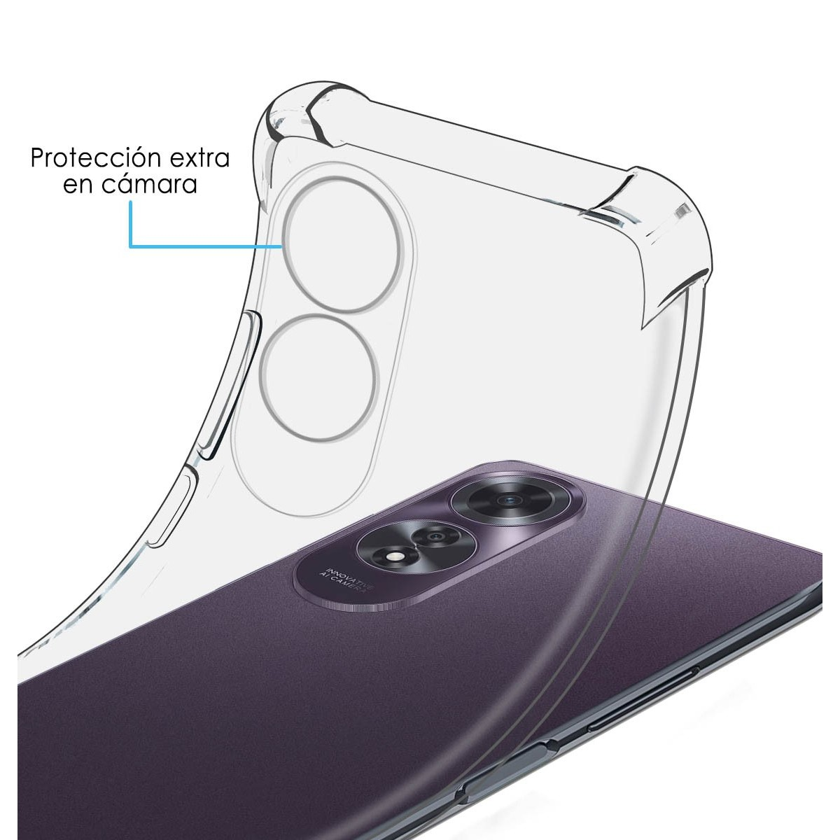 Custodia trasparente su un telefono viola, con testo che indica una protezione extra per la fotocamera.