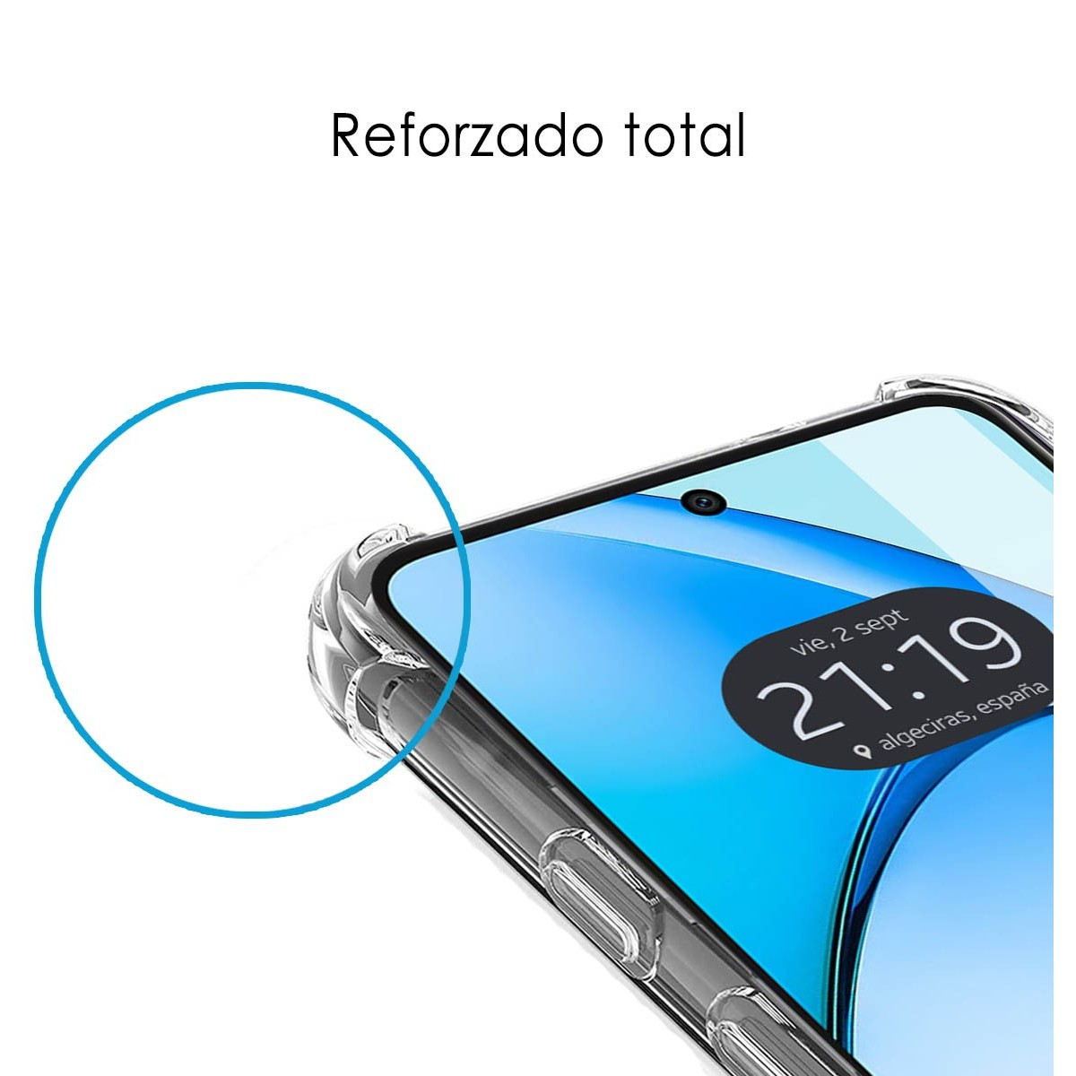 Custodia trasparente per telefono su un telefono che mostra un display dell'ora.