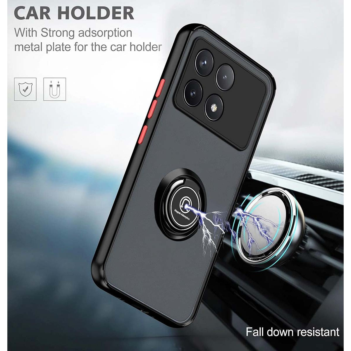 Una custodia per telefono con un anello magnetico e un supporto per auto.