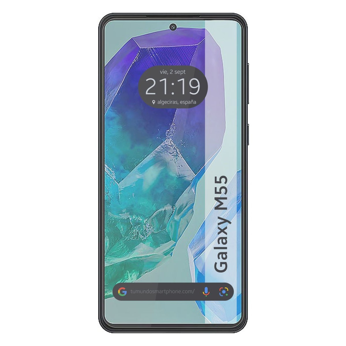 Telefono che mostra un design a cristallo blu chiaro e viola. Lo schermo mostra l'ora e la posizione.