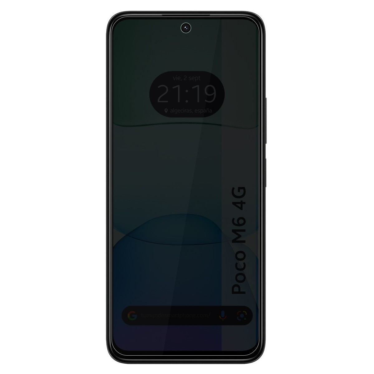 Schermo del telefono nero con ora e data visualizzate. Il telefono è etichettato Poco M6 4G.