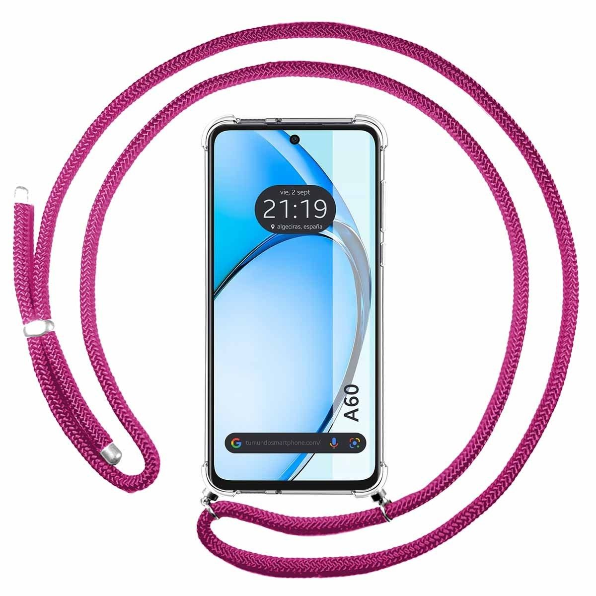 Telefono in custodia trasparente con cordino rosa. Mostra ora e posizione.