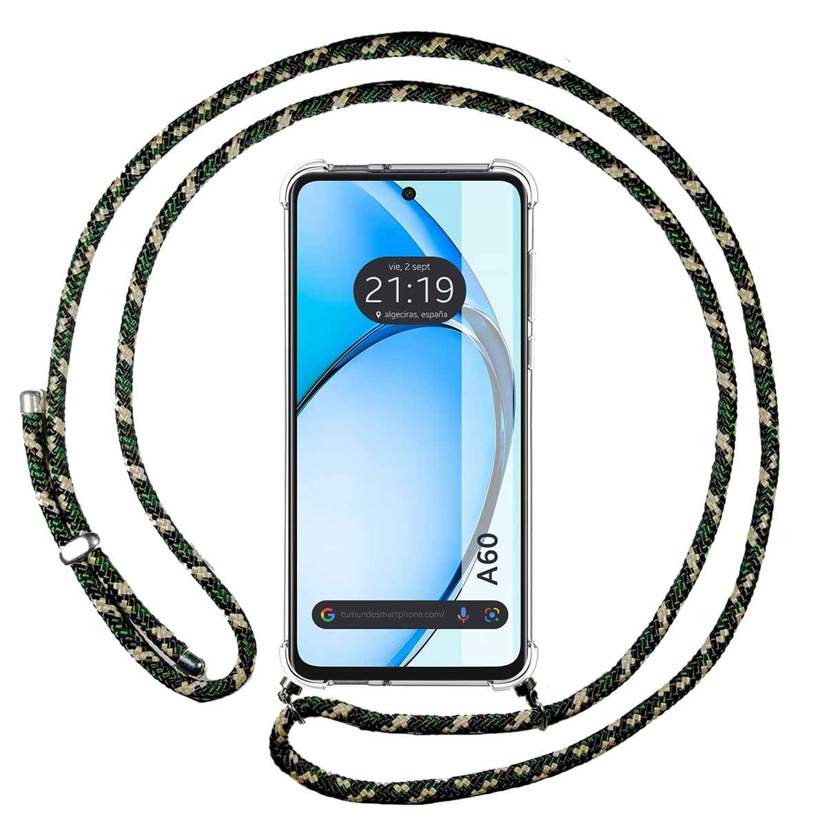 Un telefono con un cordino intorno, con un motivo mimetico verde-nero.