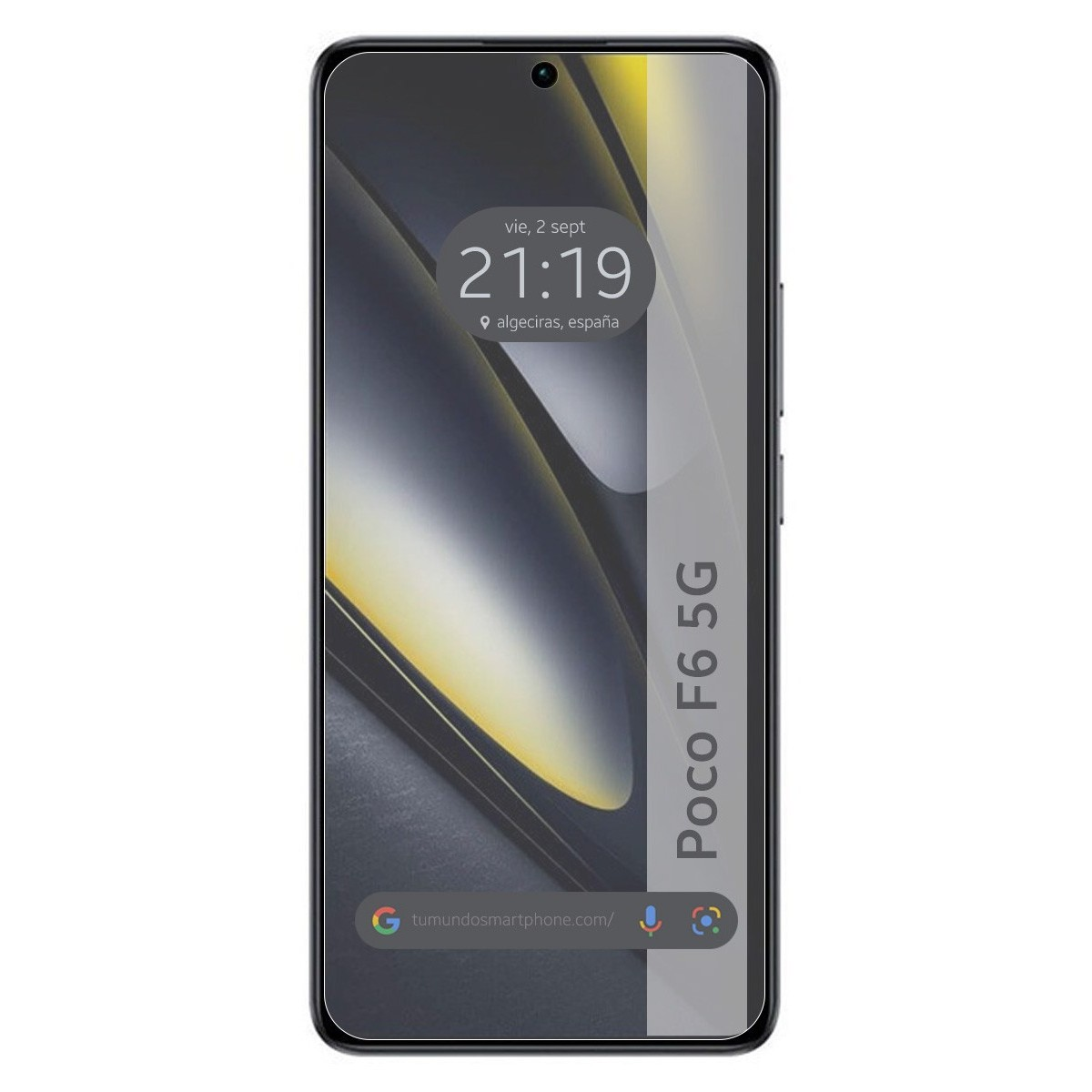 Schermo dello smartphone che mostra l'ora e il testo Poco F6 5G, con sfondo grigio e giallo.