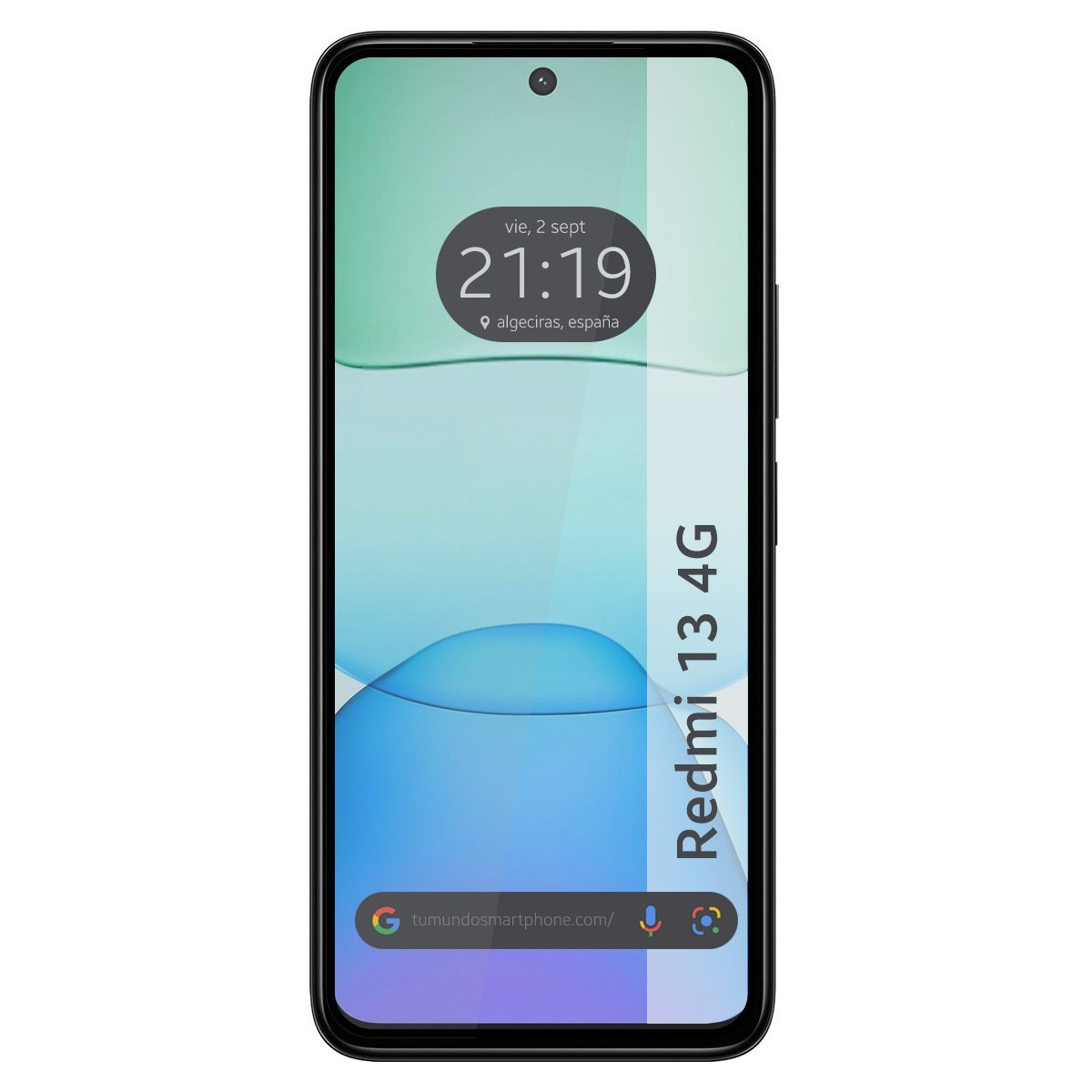 Telefono con display che mostra ora e città, su sfondo bianco.
