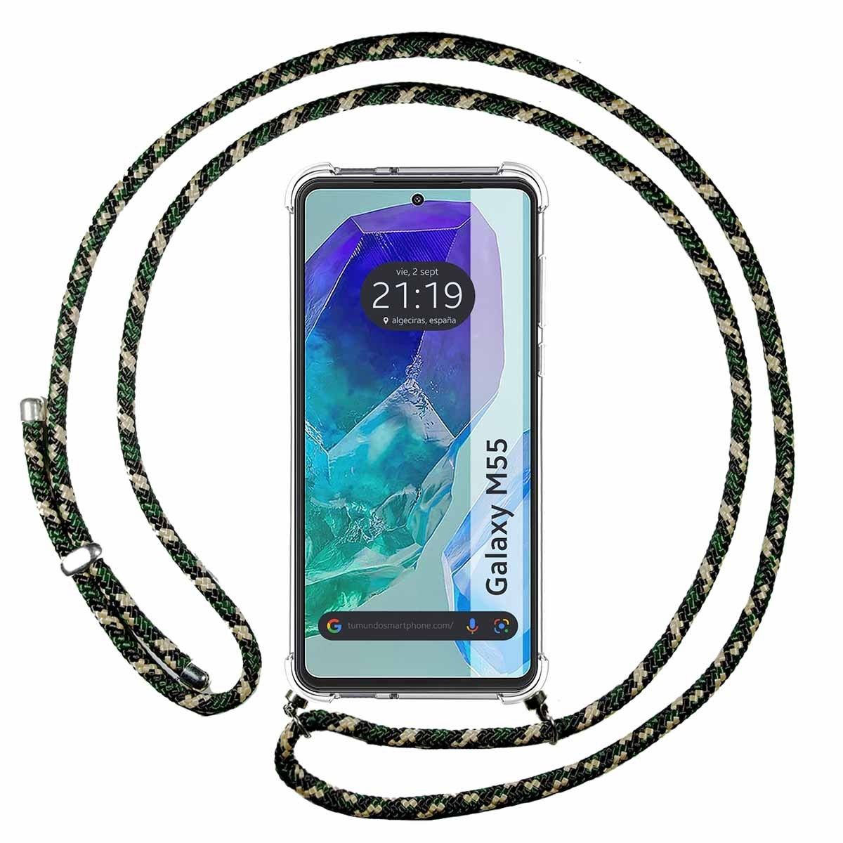 Un telefono con una cinghia intorno, davanti a uno sfondo bianco. Il telefono mostra l'ora e il luogo.