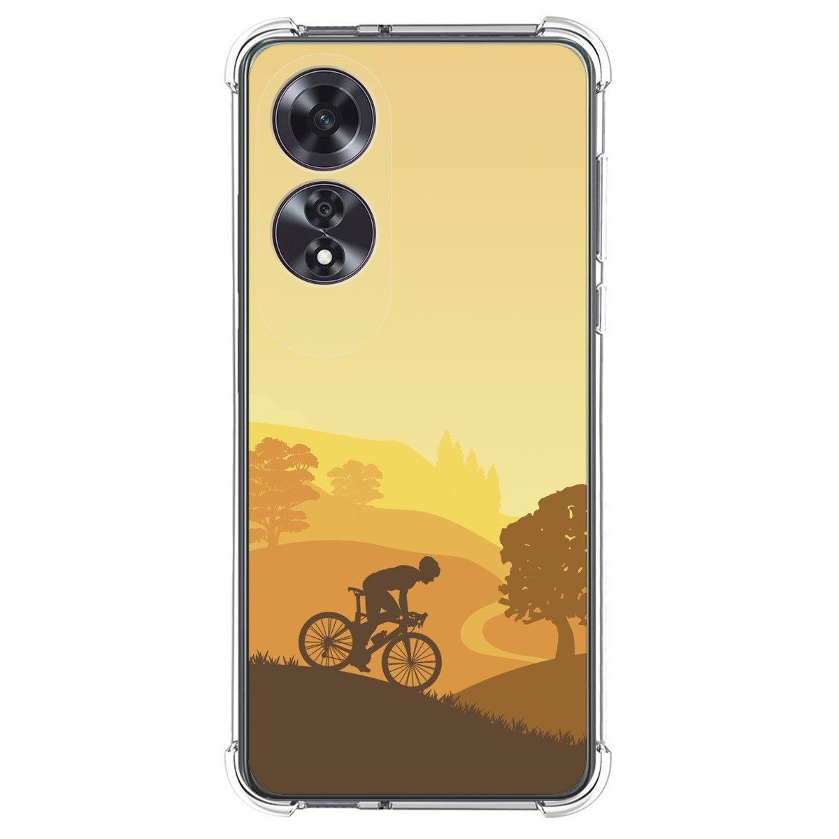 Funda de teléfono con silueta de ciclista contra un atardecer. También se ven árboles y colinas.