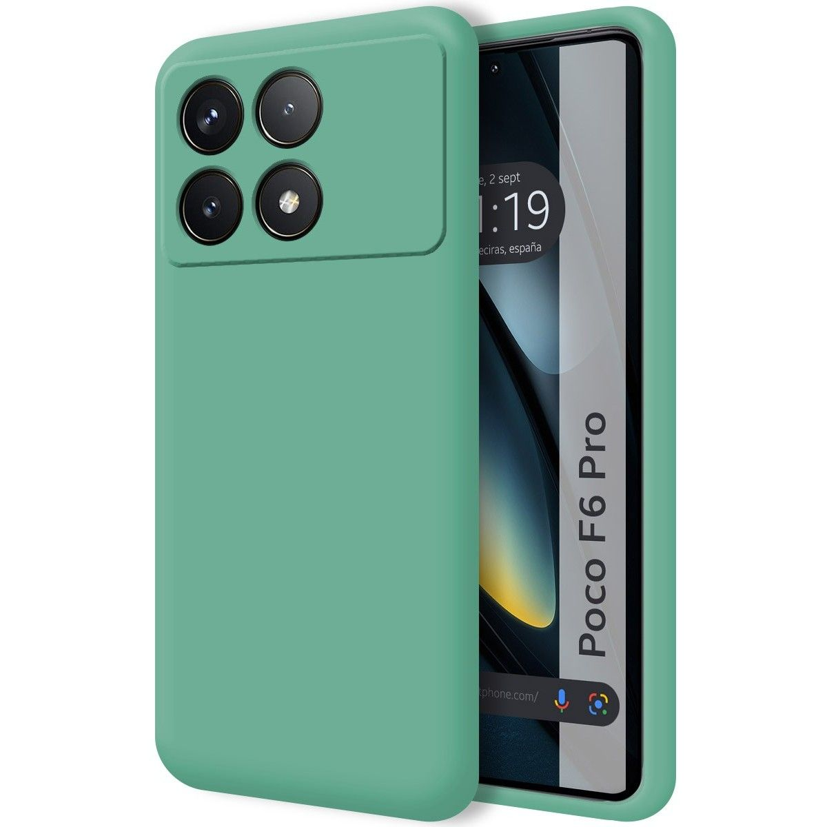 Custodia per telefono verde con un telefono Poco F6 Pro. Il telefono è nella custodia, mostrando uno schermo vuoto.