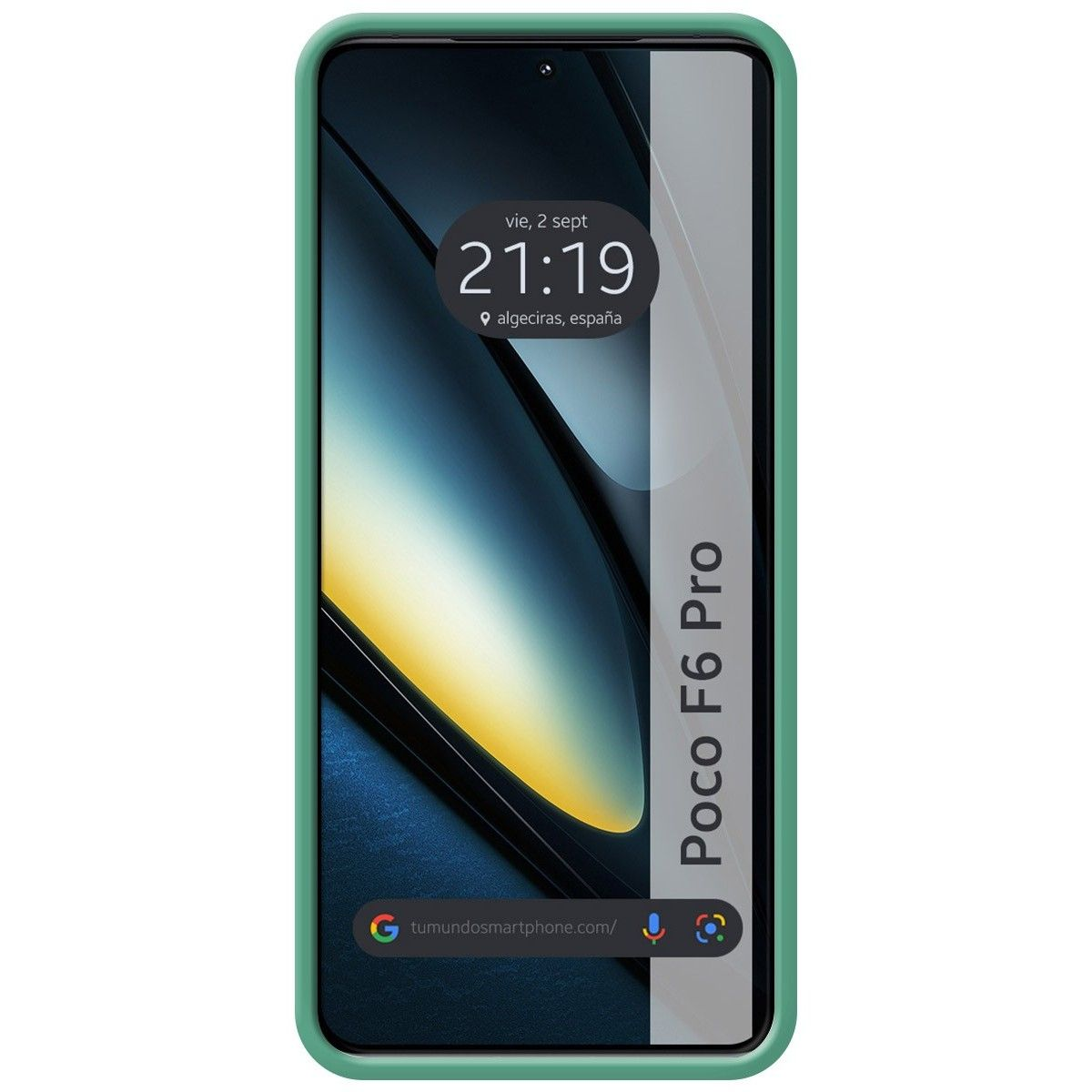 Telefono in una custodia verde che mostra l'ora e la data.